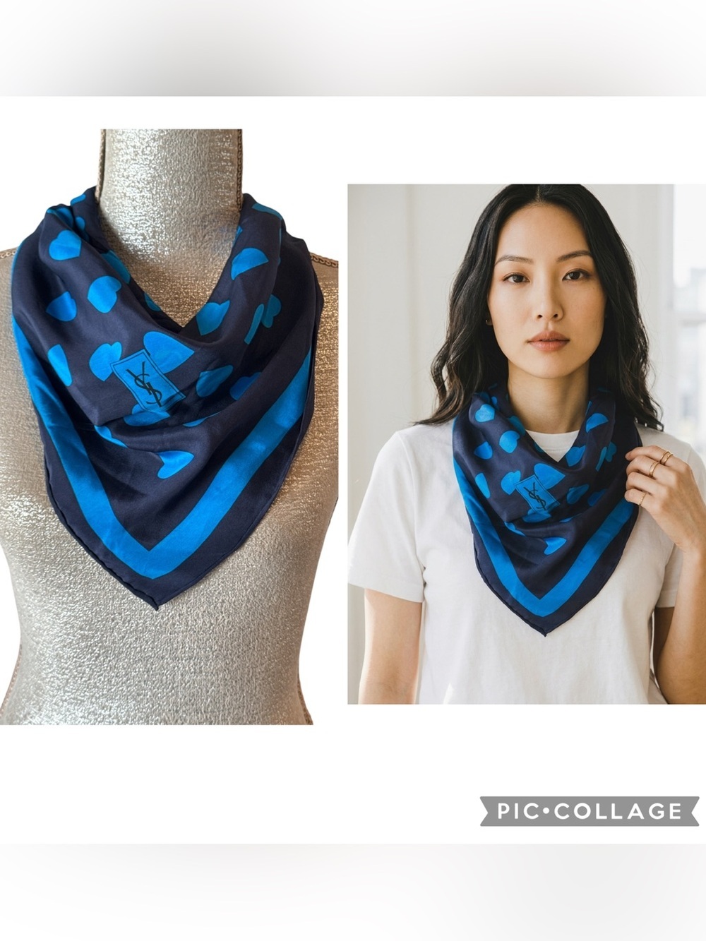 YSL Royal Blue & Black Heart Print Silky Square Scarf Size OS